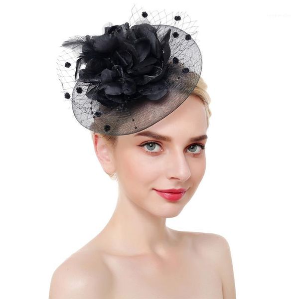 Geizige Krempe Hüte Frauen Mesh Charmante Kopfbedeckung mit Clip Stirnband Hochzeit Blume Elegante Haarschmuck Federn Fascinator Hut Braut Hahn