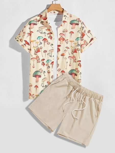 

men random mushroom print shirt & drawstring waist shorts without tee s3tk#, Gray