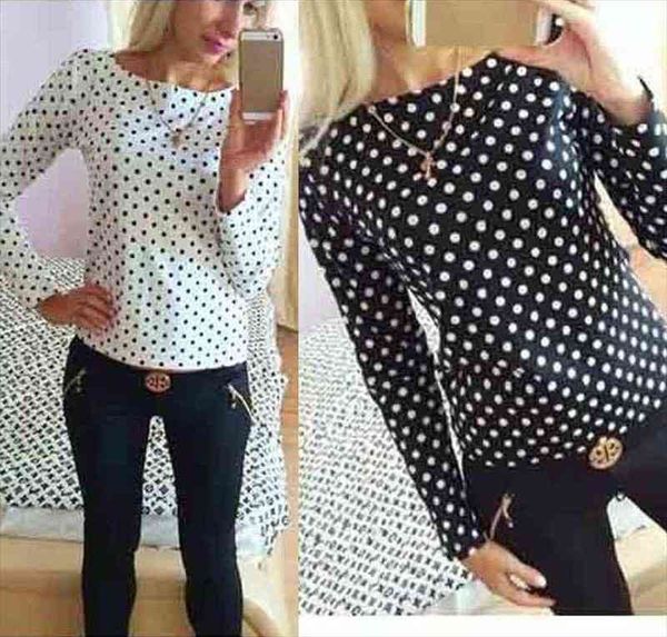 

women long sleeves shirt casual chiffon blouse loose long sleeves polka dot shirt blouse, White