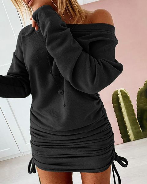 

women pencil dress shrinkage drawstring design o-neck harajuku long sleeve mid waist solid color slim pullovers mini dress, Black;gray