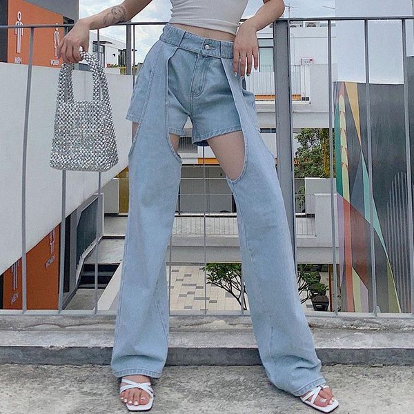 

yyxz fashion cute sml cool hollow out detachable twin sets straight jeans high waist yong woman casual denim pants lady jeans1, Blue