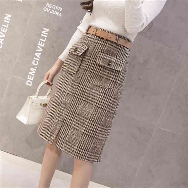 

with belt autumn and winter houndstooth skirt womens split long woolen tartan skirt woman skirts mujer faldas saias mulher, Black