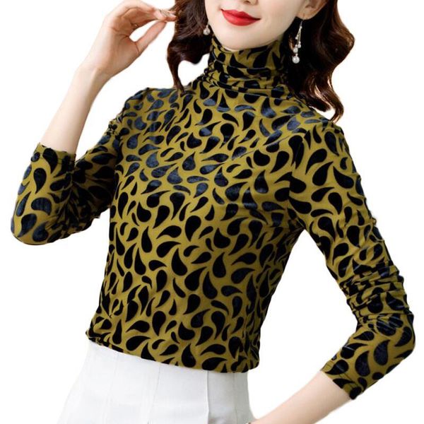 

velour blouse women shirts vintage flocking print long sleeve turtleneck women blouses plus size camisas de mujer, White