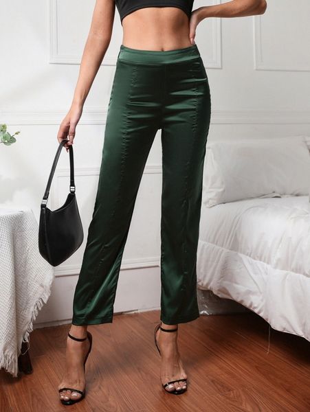 

high waist zip side satin straight leg pants j3xz#, Black;white