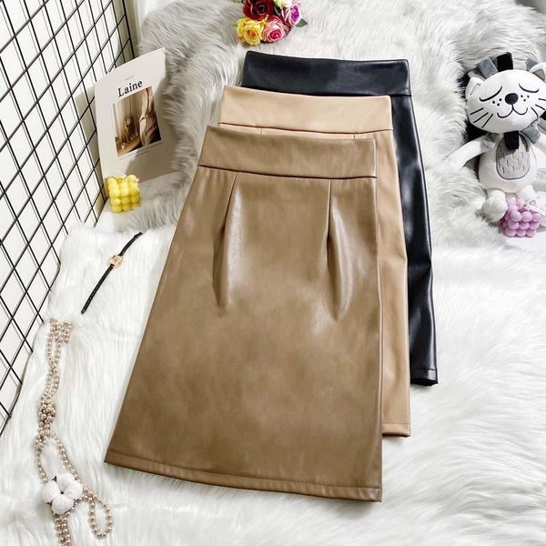 

korean style mid-length back split pu leather bag hip skirt high waist leather skirt half-length female one step, Black