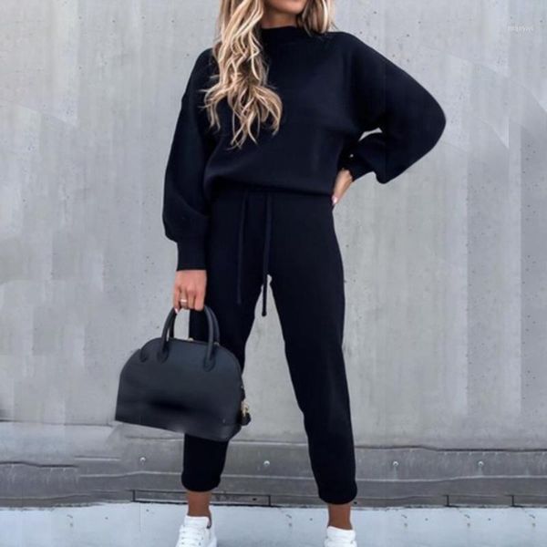 

kancool women solid lantern sleeve & drawstring pockets design pants set casual women two piece set tracksuit velvet plus1, Gray