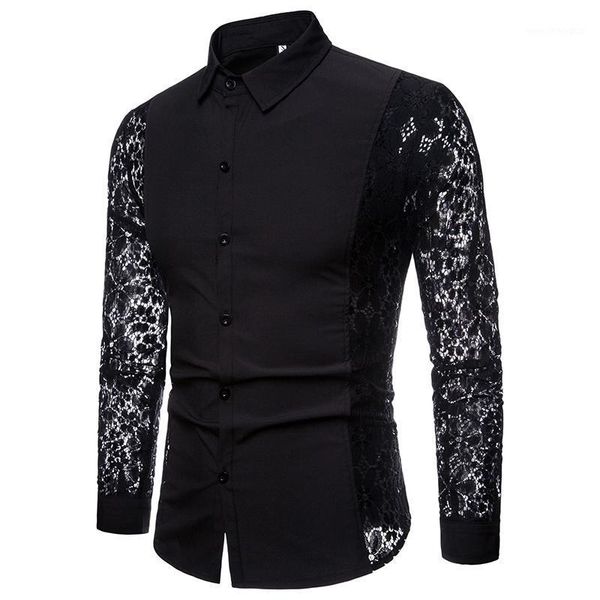

men's dress shirts fashion lace sleeve design men party shirt autumn slim fit tuxedo long male black/white xxl1, White;black