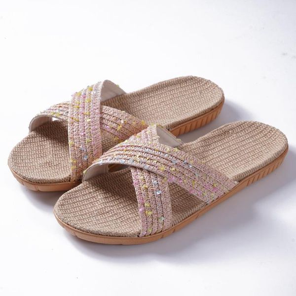 

suihyung 2020 new women summer slippers casual breathable flat slides flax cross belt flip flops couple home indoor shoes sandal1, Black