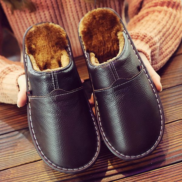

men home slippers for winter warm plush slippers women bedroom genuine leather man house indoor shoes large size 11, Black