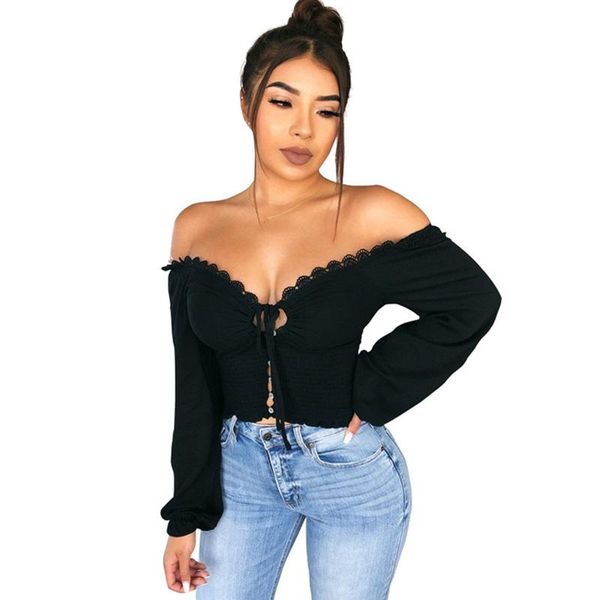 

sweet off shoulder women and blouses shirts lace up long sleeve slim bandage fitted cropped chemise blusas female, White