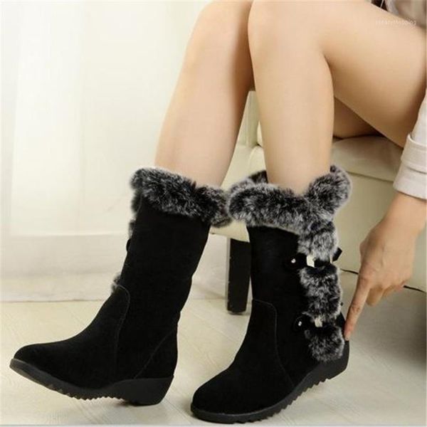 

new winter women boots casual warm fur mid-calf boots shoes women slip-on round toe wedges snow shoes muje plus size 421, Black