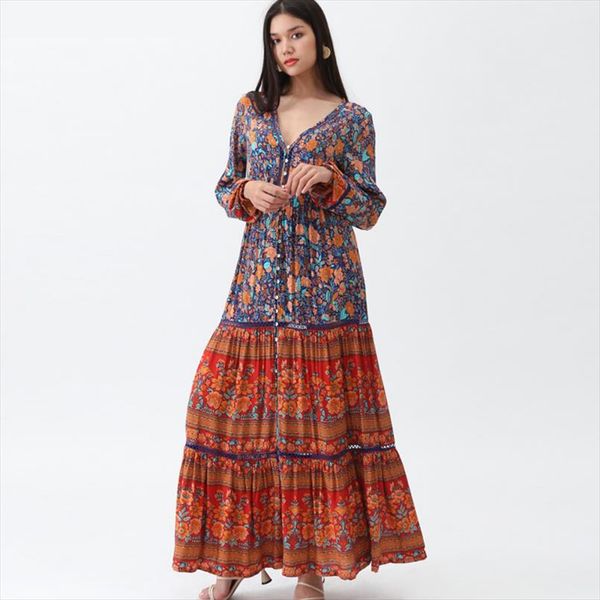 

maxi dress rayon orang floral print v neck long sleeve boho dresses gypsy long women dresses 2019 bohemia vestido, Black;gray