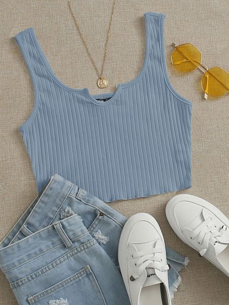

notch neck lettuce edge rib-knit tank n25p#, White