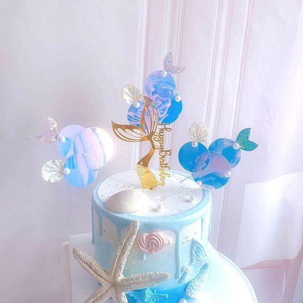 

creative cake decoration ocean blue mermaid tail shell happy birthday cake ers acrylic cupcake dessest ers supplies