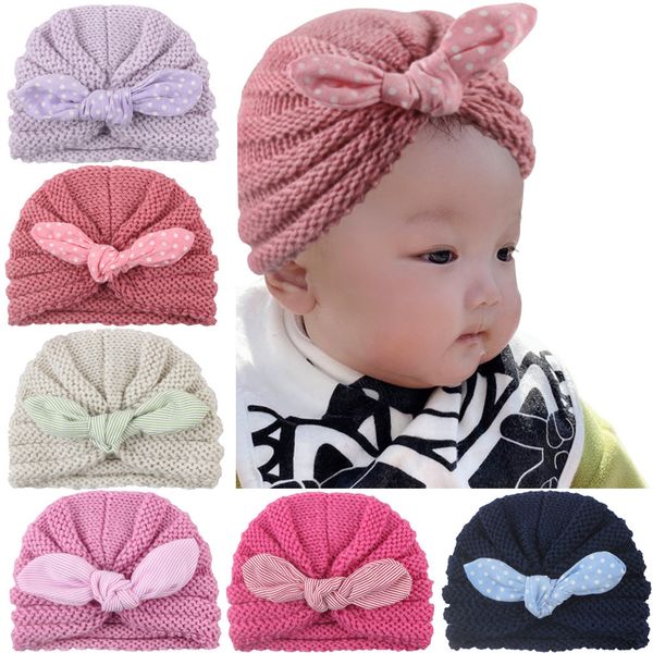 

new children's wool knitted hat baby plaid rabbit ear cap, Yellow