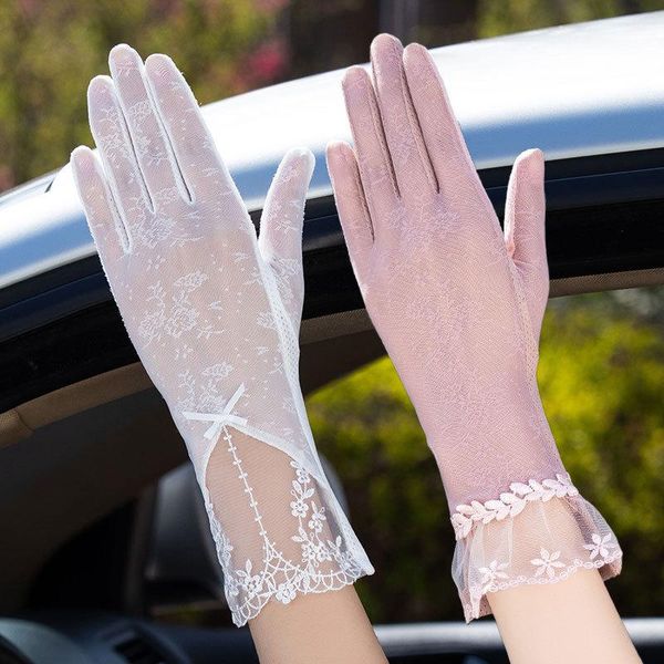 

five fingers gloves summer women uv sunscreen short sun female fashion silk lace driving of thin touch screen flowers, Blue;gray
