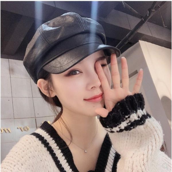 

hat female pu octagonal hat autumn winter versatile net red tide leisure students fashion travel fashion wear, Blue;gray