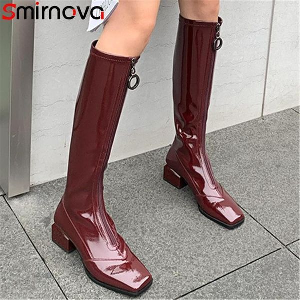 

boots smirnova 2021 patent leather stretch women square toe zip thick heel casual shoes fashion knee high women1, Black