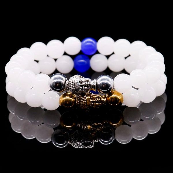 

beaded, strands natural white chalcedony with blue opal beaded bracelet 8mm gold hematite stone beads buddha head men and women, Black