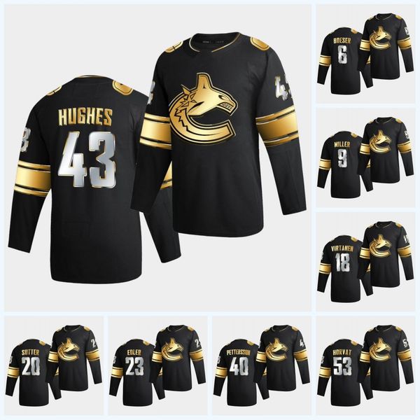 

quinn hughes vancouver canucks 2021 golden edition jersey braden holtby nate schmidt bo horvat brock boeser elias pettersson sedin, Black;red