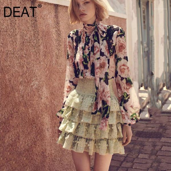 

deat 2020 new spring fashion women clothes lantern sleeves flower printed bow collar chiffon shirt blouse wk55100l1, White
