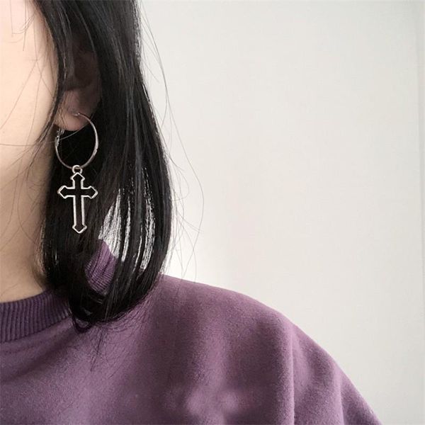 

kpop new punk rock egirl girls silver color pollow cross hoop серьги harajuku старинные металлические серебряные геометрические kolczyki юве, Black;white