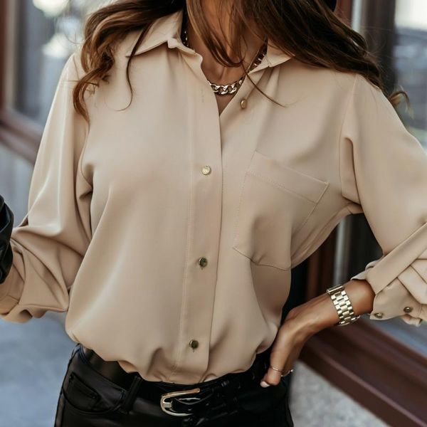 

women casual turn down collar shirts loose long sleeve buttons office ladies blouse spring autumn vintage solid color street top, White