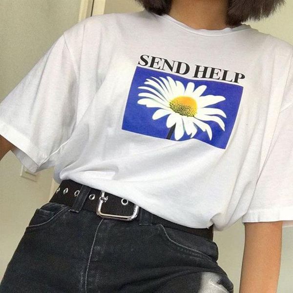 

casual harajuku vintage daisy pattern tshirt send help daisy flower t-shirt summer letter printing casual short sleeve tees top, White
