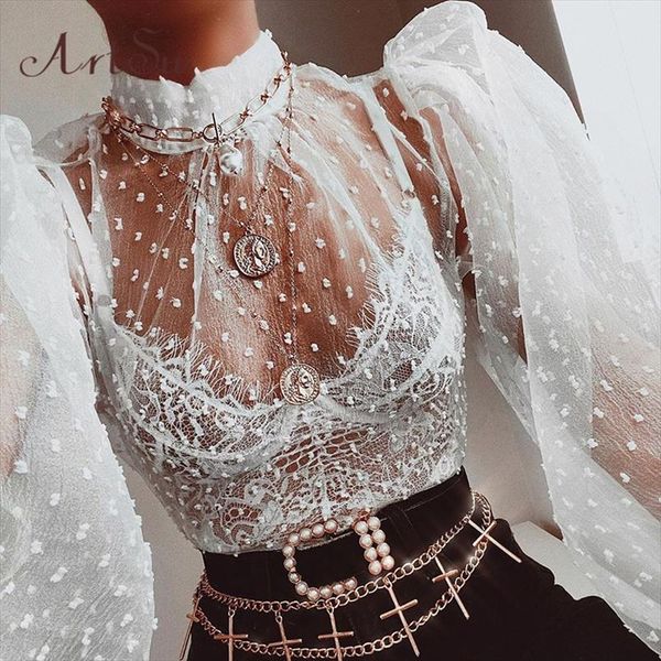 

transparent mesh lace blouse shirt puff sleeve white mock neck long sleeve shirts see through blouses asbl60690