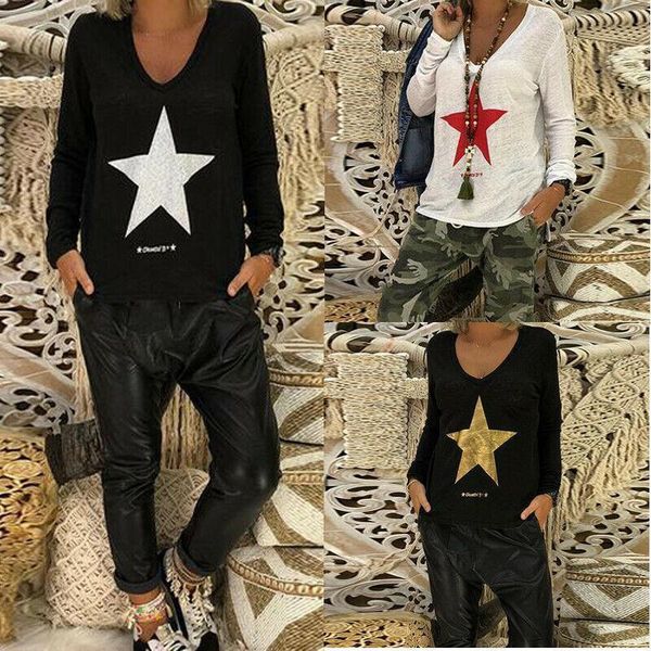 

plus size 2019 autumn fashion women star printed long long sleeve v neck casual loose t-shirt sale, White