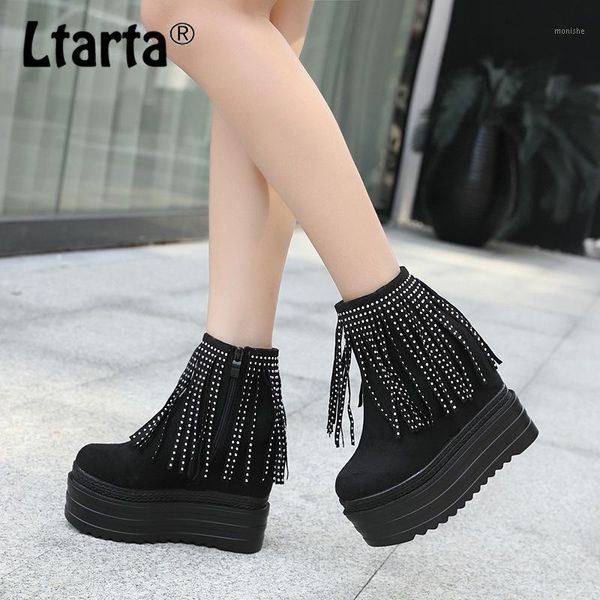 

boots ltarta 2021 winter suede platform women's shoes casual tassel hidden wedge high heel -888-081, Black