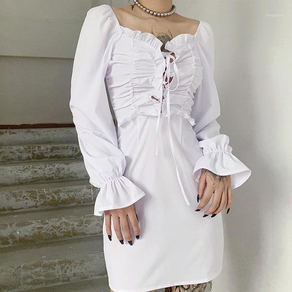 

elegant lace up bandage backless ruffles mini dress autumn 2020 women long flare sleeve square collar dresses streetwear outfits1, Black;gray