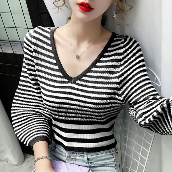 

autumn long sleeve sweater women fashion sweaters for women v-neck striped sweater women pullover woman sweaters d501 201031, White;black