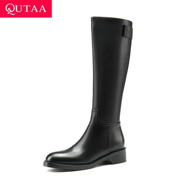 

qutaa 2021 autumn winter zipper mid calf boots cow leather all match long boots round toe square heel ladies shoes size 34-40, Black