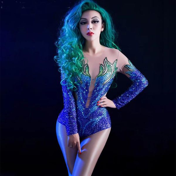 

women stage sparkly rhinestones mesh bodysuit women's dance costume dance show nightclub female singer wear see through leotard