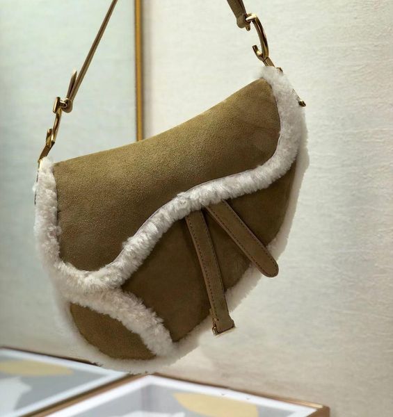 

camel-colored shearling saddle bag suede leather with shoulder strap purse metal pendant shoulder bag handbag lady crossbody bag