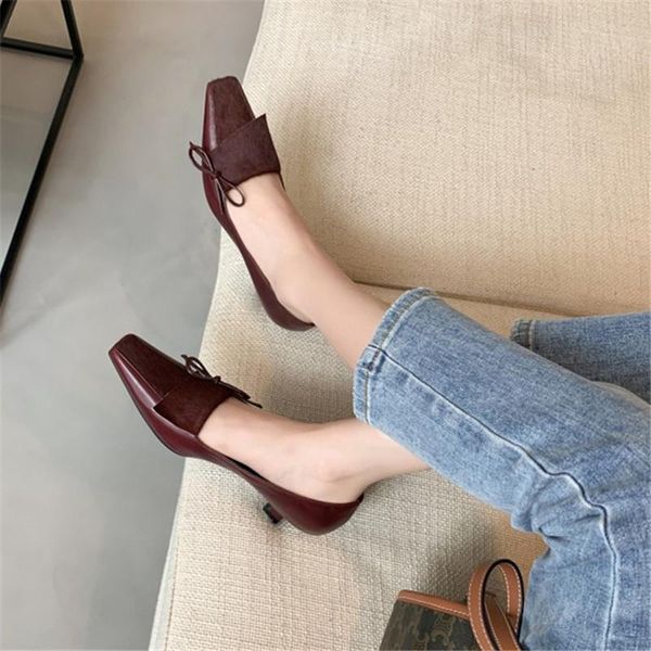 

dress shoes pxelena france style genuine leather+horse hair kitten heels women knot square toe slip on party date office pumps, Black