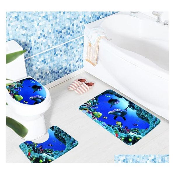 

2018 3pcs anti slip bath mats bathroom rugs ocean underwater world toilet mat carpet lid toilet cover qylayd bwkf