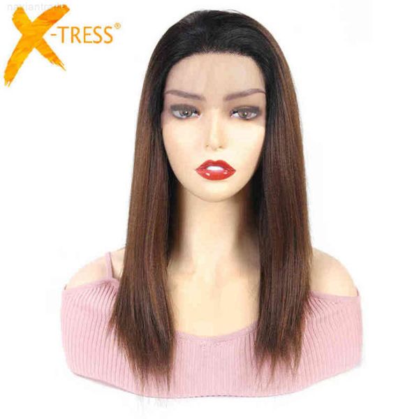 

ombre brown synthetic wigs for women high temperature fiber x-trs straight lace wig part with baby hair, Black