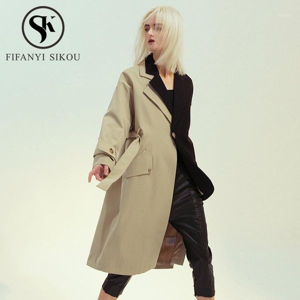 

women's trench coats fashion patchwork women coat spring autumn lapel long sleeve spliced streetwear loose windbreaker1, Tan;black