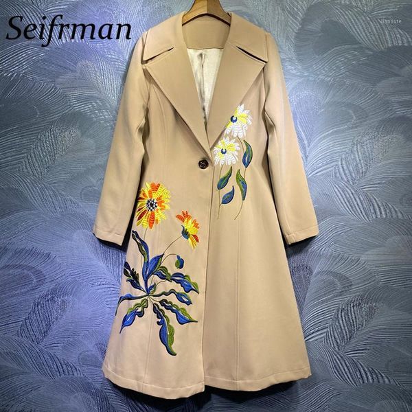 

seifrmann women autumn fashion runway trench coat embroidery long sleeve solid printed elegant ladies warm coats outerwear 20201, Tan;black