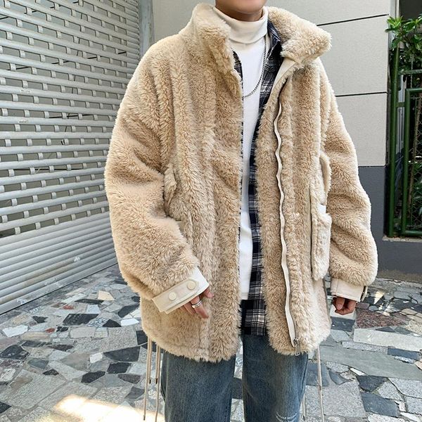 

winter men's thick warm faux fur coat loose stand collar with strap lace up blue beige yellow outwear l8, Black