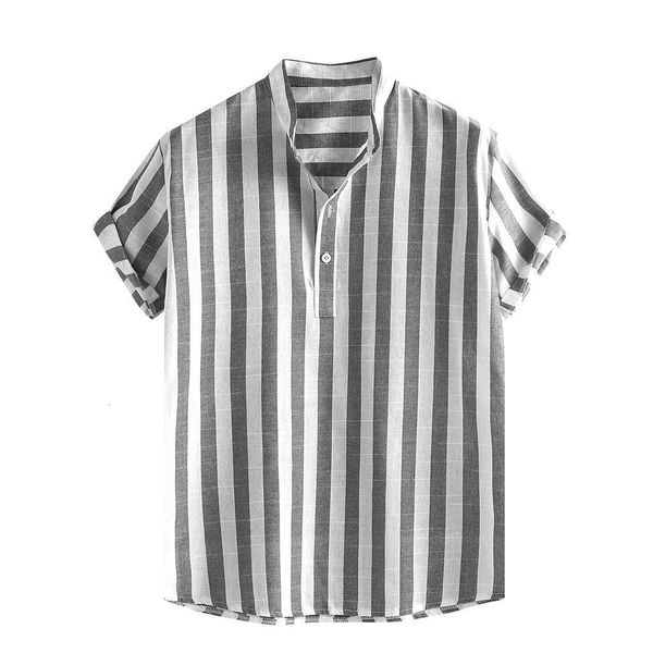 

summer man shirt mens ethnic printed stripe stand collar cotton linen stripe short sleeve hawaiian henley shirt hawaiian shirt, White;black