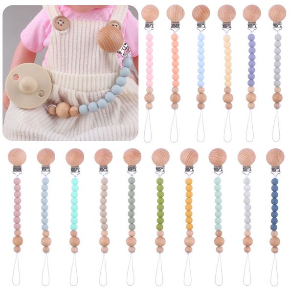 

baby wood bead pacifier chain clips foreign trade hand made natural infant baby silica gel pacifier holder