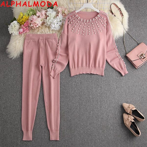 

women's tracksuits alphalmoda 2021 spring heavy work beaded sweater trousers leggings women luxury 2pcs suit xmas year festive party se, Gray