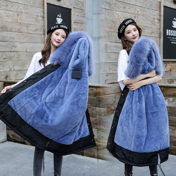 

new arrival women autumn winter jacket cotton lining padded warm big fur collar long coats parka womens jackets office lady 201023, Black