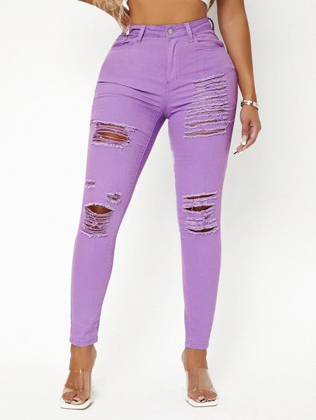 

sxy high waist ripped skinny jeans b3od#, Blue