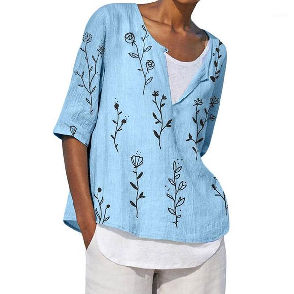 

women's cotton blends single button half sleeve tees casual loose comfortable print 1, White