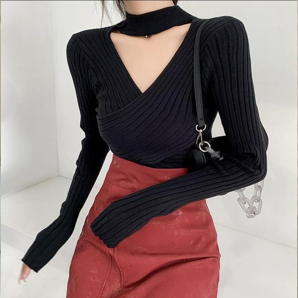

2021 autumn winter new crossover long sleeve sweater hanging neck temperament slim body multi-color show thin v-neck sweater, White;black