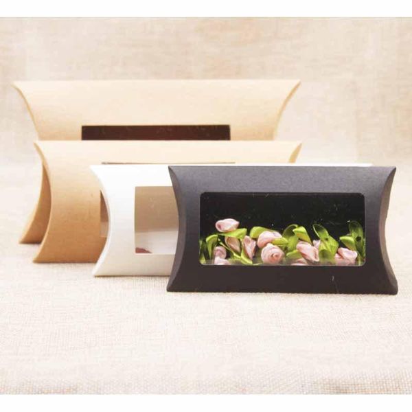 

paper gift packaging for present pillow box guest packing box clear window opening 10 pc kraft white black1